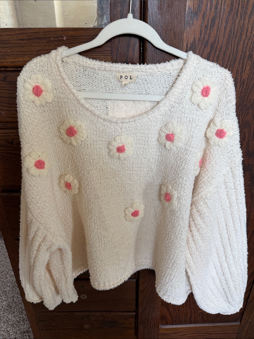 POL Cream Bouclé Sweater with Pink Daisy Centers